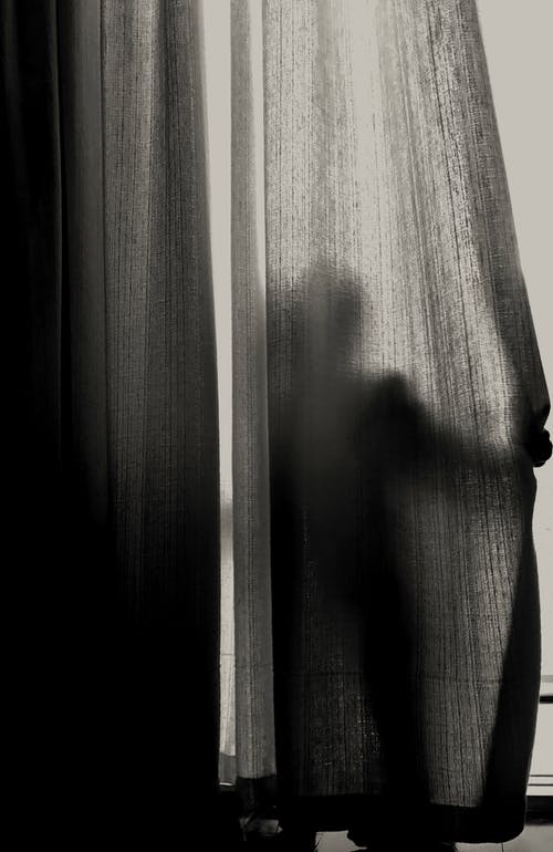 隐藏在窗帘上的人的灰度摄影 · 免费素材图片