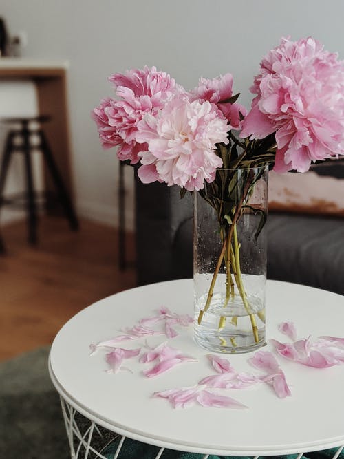 粉红色的花朵，在白色的圆桌上的透明玻璃花瓶 · 免费素材图片
