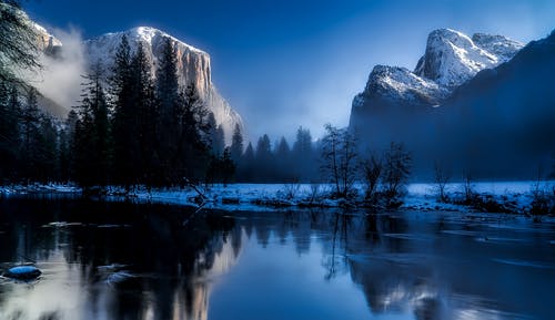 山脉附近雪原旁树木旁的水域 · 免费素材图片