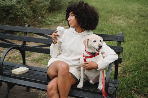 轻松的黑女人喝咖啡附近的狗 · 免费素材图片