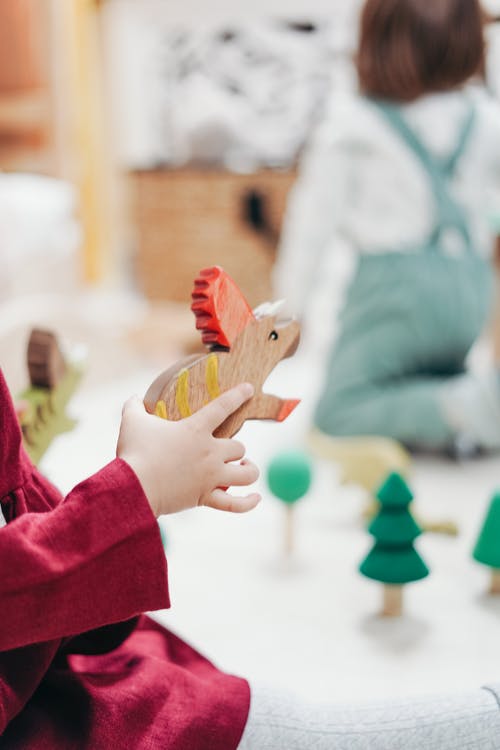 拿着棕色木制玩具的红色长袖连衣裙的孩子 · 免费素材图片