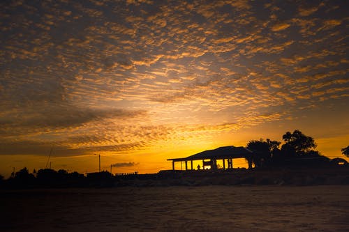 树木和房屋在日落时的剪影 · 免费素材图片