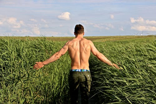 裸照男子手持绿草在白云下 · 免费素材图片