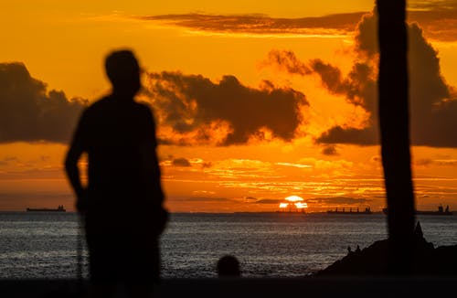 在日落时站在水体附近的人的身影 · 免费素材图片
