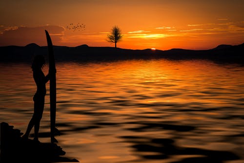 在夕阳下海边举行冲浪板的人 · 免费素材图片