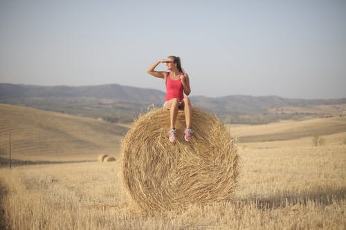 坐在干草卷上的粉红色背心的女人 · 免费素材图片