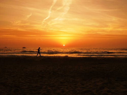 在日落期间在海滩附近散步的人的身影 · 免费素材图片