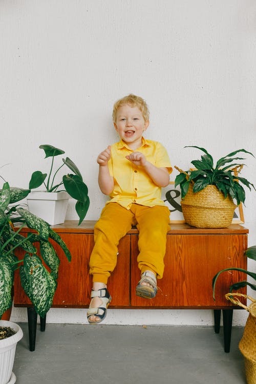 黄色马球衬衫和裤子坐在棕色的木柜子里的孩子 · 免费素材图片
