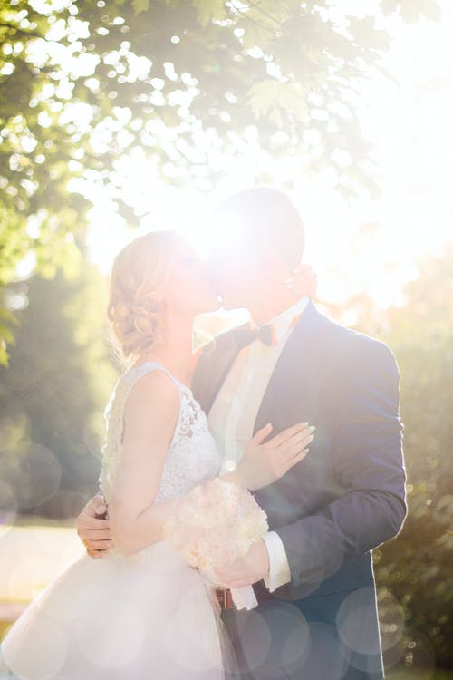 新郎和新娘接吻在树附近反对太阳照片 · 免费素材图片