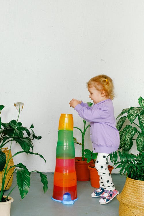 在盆栽的植物旁边玩的紫色毛衣的女孩 · 免费素材图片