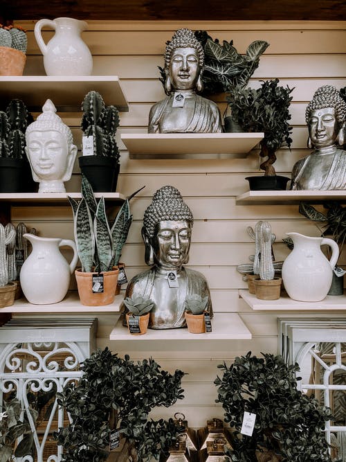 室内植物和佛像摆在纪念品商店的货架上 · 免费素材图片