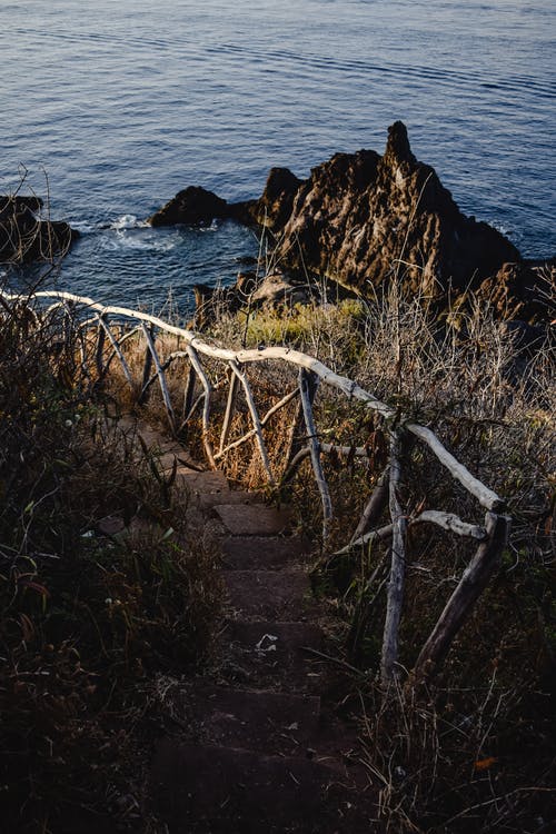 水体附近的岩石海岸上的棕色木栅栏 · 免费素材图片