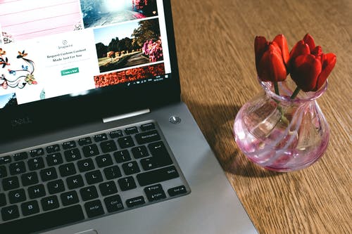 黑色戴尔笔记本电脑在粉红色玻璃花瓶旁边 · 免费素材图片