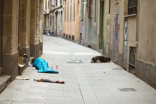 蓝色的睡袋里无家可归的人 · 免费素材图片