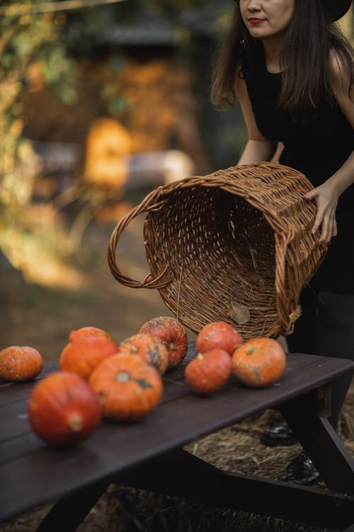 棕色编织篮子里的橙色南瓜 · 免费素材图片