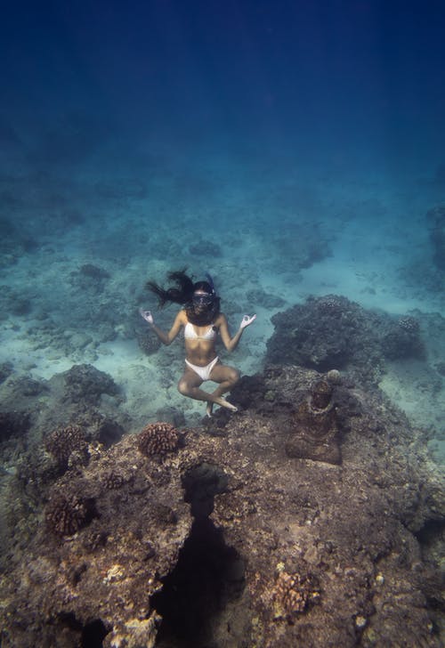 黑色比基尼泳装在海里游泳的女人 · 免费素材图片