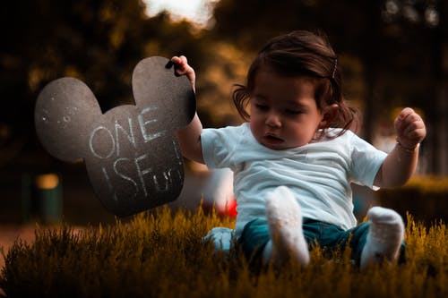 婴儿穿蓝色衬衫，拿着米老鼠头抠出坐在草地上 · 免费素材图片