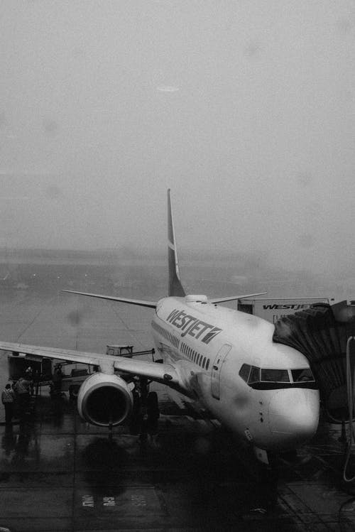 一架飞机在停机坪上的灰度摄影 · 免费素材图片