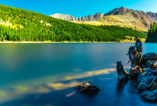 平静的水体旁的绿色松树山的风景 · 免费素材图片