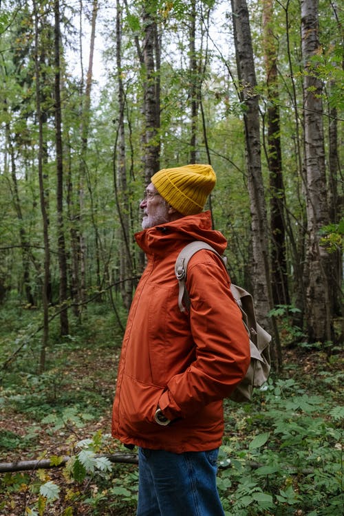 橙色连帽衫和黄色针织帽在森林里的人 · 免费素材图片