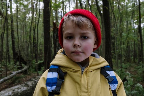 黄色和蓝色外套和红色针织帽站在森林里的孩子 · 免费素材图片