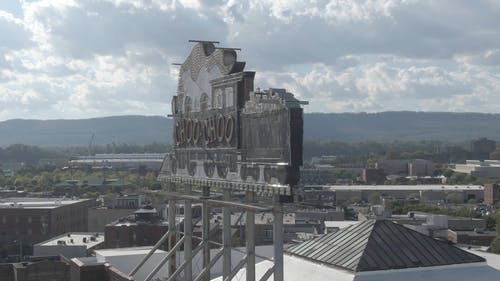 在建筑物的屋顶上的霓虹灯招牌的无人机画面 · 免费素材视频