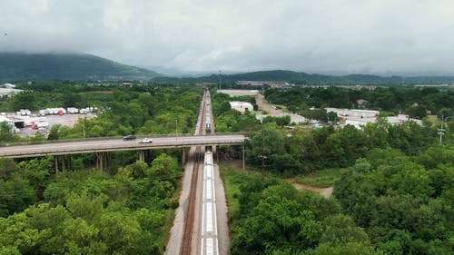 高架公路下通过的火车 · 免费素材视频