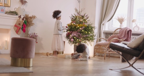 孩子们在家装饰圣诞树 · 免费素材视频