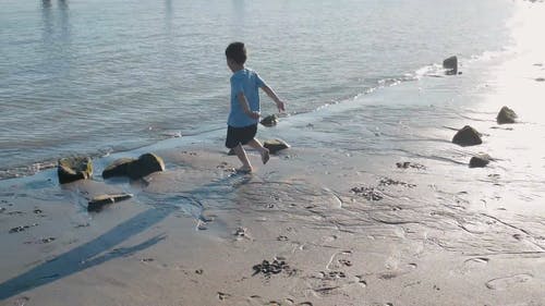 可爱的男孩在沙滩上奔跑 · 免费素材视频