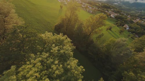 在树木和田野上飞行的无人驾驶飞机 · 免费素材视频
