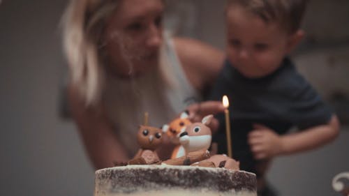 一位母亲帮助他的儿子吹灭他生日蛋糕上的烛光 · 免费素材视频