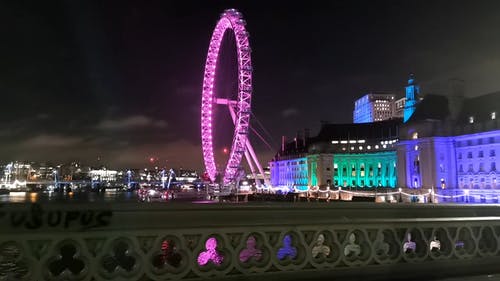 晚上在伦敦眼观察轮的灯光显示 · 免费素材视频