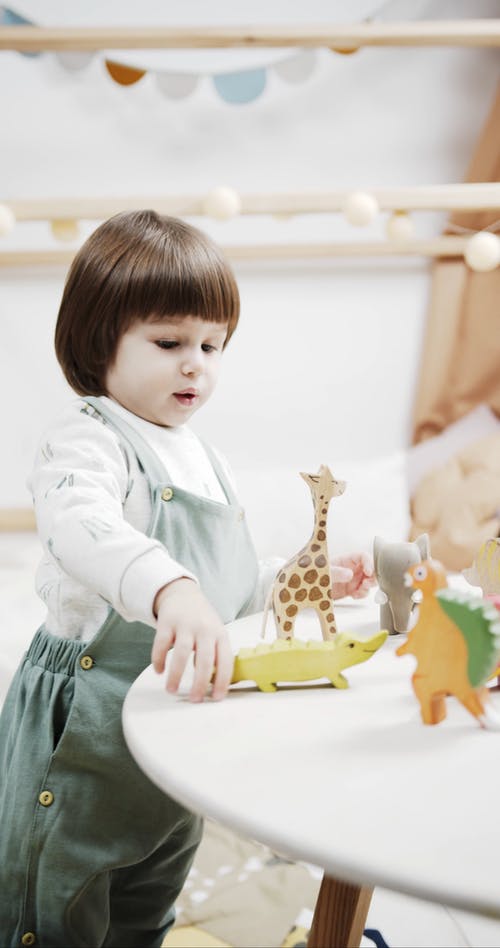 一个孩子在玩木制动物玩具 · 免费素材视频