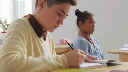 一个年轻的男学生，在他的笔记本上写 · 免费素材视频