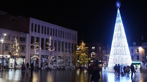 为庆祝圣诞节，展出的巨型点燃的圣诞树 · 免费素材视频