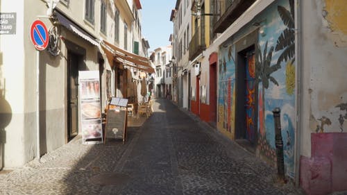 在葡萄牙马德拉岛的狭窄街道胡同的墙上的街头艺术绘画 · 免费素材视频
