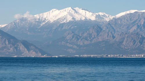 高峰期与雪帽山脉的景色 · 免费素材视频