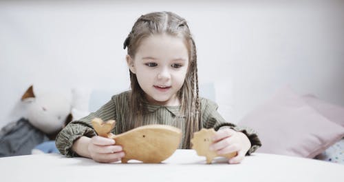 一个女孩玩独白的木制动物玩具 · 免费素材视频
