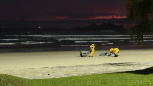 工人清理沙滩的垃圾 · 免费素材视频