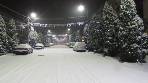 雪覆盖的道路和树木与圣诞灯 · 免费素材视频