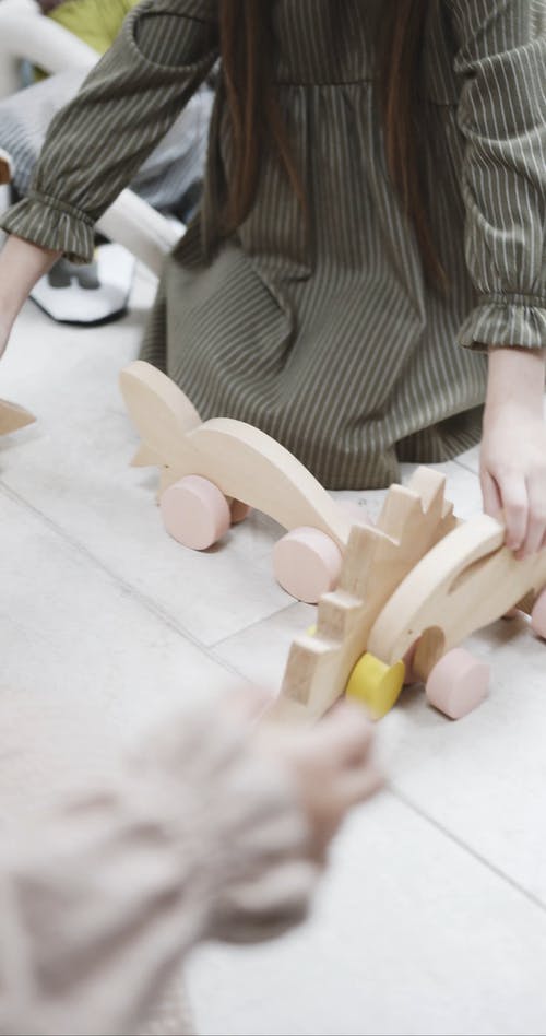 孩子们玩带轮子的木制动物玩具 · 免费素材视频