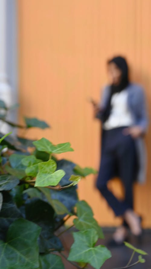 一个女人在使用她的智能手机时站在橙色的墙上 · 免费素材视频