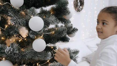 有关女孩, 圣诞树, 圣诞灯饰的免费素材视频