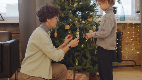 一位母亲和儿子装饰圣诞树 · 免费素材视频