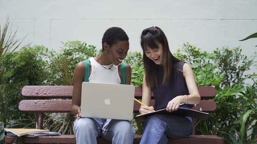两个女人坐在长椅上，看着记事本 · 免费素材视频