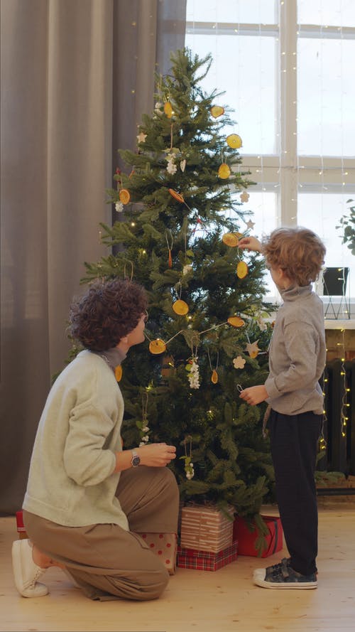 一个女人和一个男孩装饰一棵圣诞树 · 免费素材视频