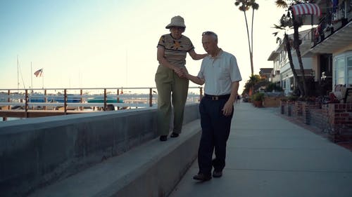 在海湾边散步的老年夫妇 · 免费素材视频