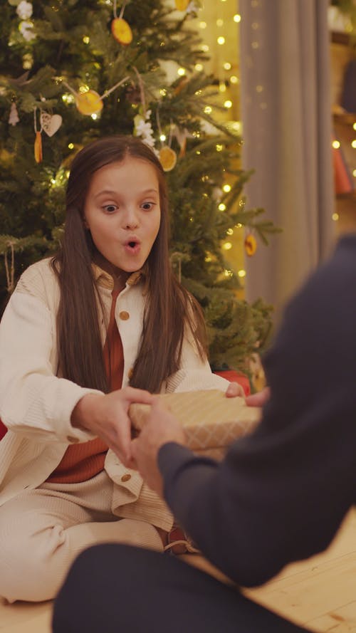 一个年轻的女孩惊讶她的圣诞礼物 · 免费素材视频