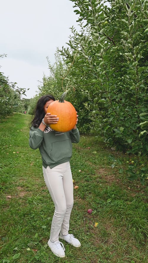 一个年轻的女孩，试图举起一个大南瓜 · 免费素材视频