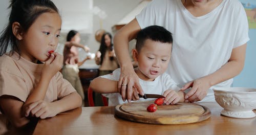 妈妈教儿子切草莓 · 免费素材视频